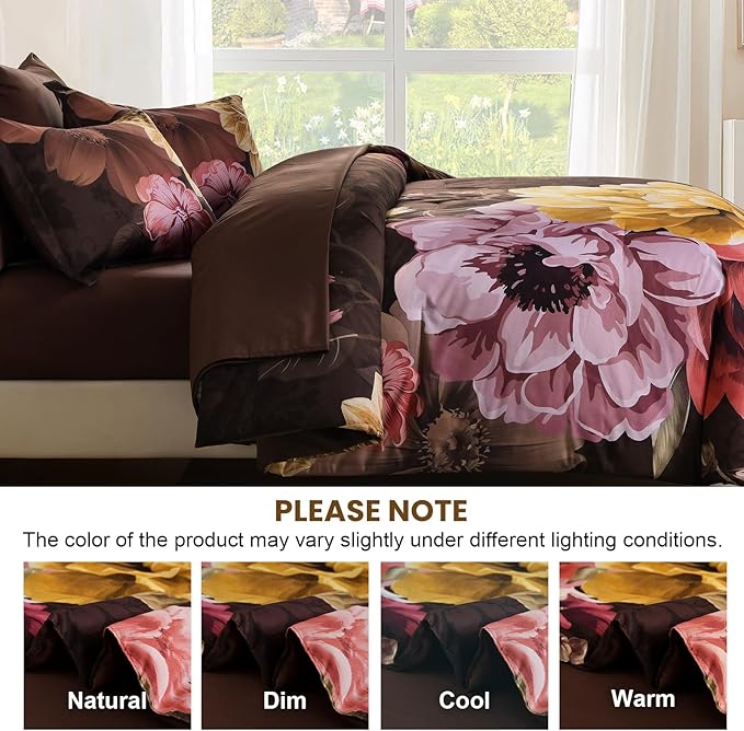 WONGS BEDDING 7 Pieces Comforter Set King Size, Floral Botanical Bed in a Bag Brown Flower Bedding Set, Soft Microfiber for All Season with Pillowcases & Shams,Sheets(90"×104")