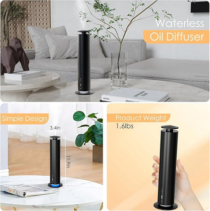 Waterless Essential Oil Diffuser, Long Lasting Aromatherapy Scent Diffuser for Home with Light Mode, 1000 Sq. Ft Coverage Quiet Oil Diffusers for Bedroom, Office, Included 5 Scent Oils(3.3OZ), Black