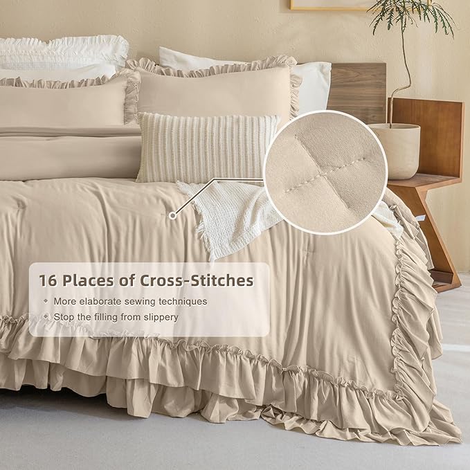 Masaca Ruffled Comforter Set Queen,3-Piece Farmhouse Shabby Boho Chic Bedding,Ultra Soft Linen Feel Textured Bed Comforter Set (1 Ruffle Comforter+2 Pillow Shams)