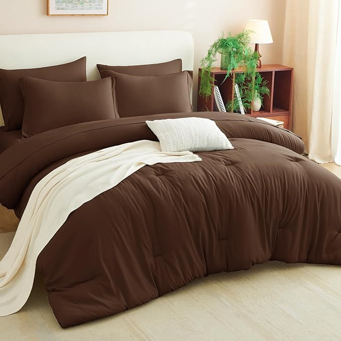 CozyLux King Size Comforter Set Brown, 7 Pieces Bed in a Bag King Comforter Set with Sheets, Soft Bedding Set with Down Alternative Comforter, Fitted Sheets, Flat Sheets, Pillow Shams and Pillowcases