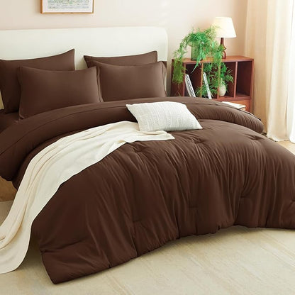 CozyLux King Size Comforter Set Brown, 7 Pieces Bed in a Bag King Comforter Set with Sheets, Soft Bedding Set with Down Alternative Comforter, Fitted Sheets, Flat Sheets, Pillow Shams and Pillowcases