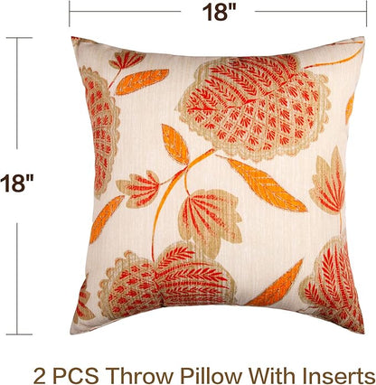 JMGBird Water-Resistant Outdoor Pillows Set of 2, 18x18 inch Durable Beige with Orange Leaf Pattern Throw Pillows with Inserts for Patio Furniture