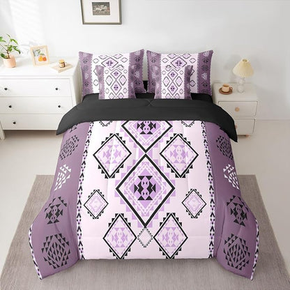 Erosebridal Western King Comforter Set with Sheets 7 Piece Boho Aztec Bed in A Bag Exotic Native American Bedding Sets for Teens Ethnic Tribal Geometric Diamond Bed Set Rustic Purple Room Decor