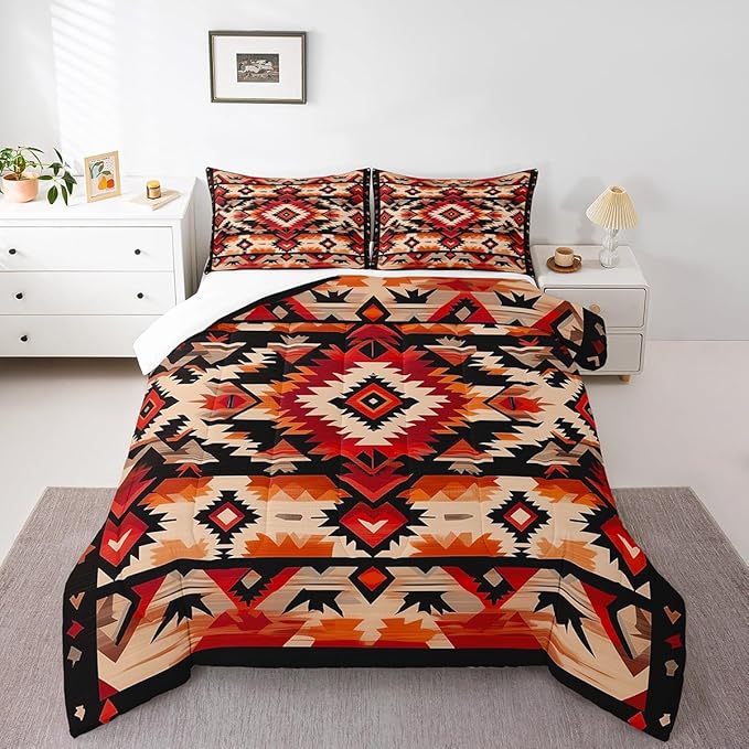 Feelyou Boho Comforter Set King Size Southwest Native American Design Comforter Southwestern Geometric Bedding Set Western Decor Duvet Set Room Decor Hot Orange Quilt Set