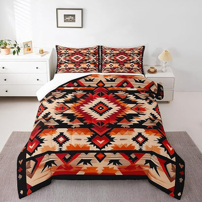 Feelyou Boho Comforter Set King Size Southwest Native American Design Comforter Southwestern Geometric Bedding Set Western Decor Duvet Set Room Decor Hot Orange Quilt Set