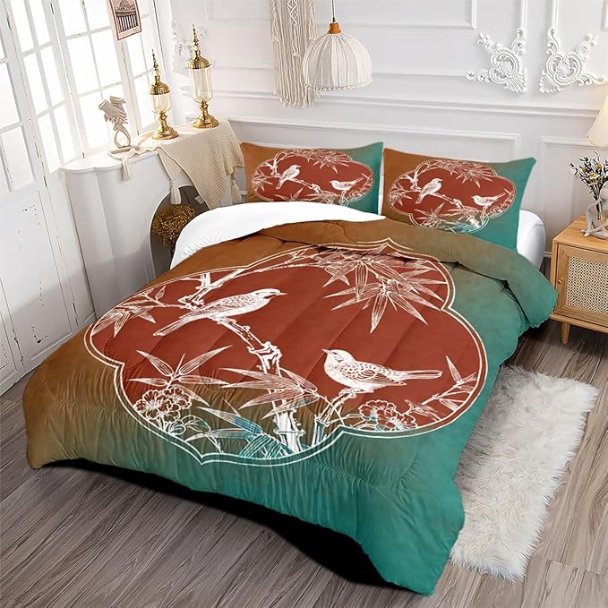 Queen Comforter Set 3 Pieces Vintage Bamboo Leaves Birds Bedding Set Teal Tan Soft Microfiber Down Alternative Comforter with 2 Pillowcases
