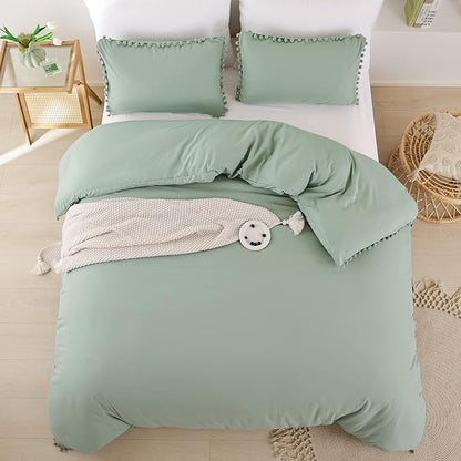YIRDDEO King Size Comforter Set - King Size Comforter with Ball Pom Fringe, Soft King Bedding Set for All Seasons - 3 Pieces, 1 Comforter (104"x90"inches) & 2 Pillow Shams(20"x36"), Sage Green