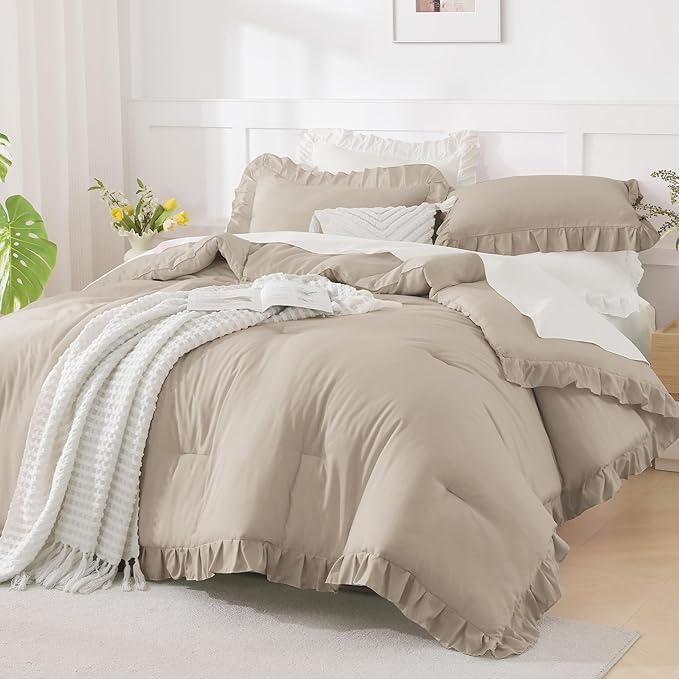 Andency Wheat Ruffle Comforter Set, 2 Pieces Kids Comforter Set Twin(66x90Inch), Farmhouse Shabby Chic Comforter Set, Soft Microfiber Kids Bedding Set