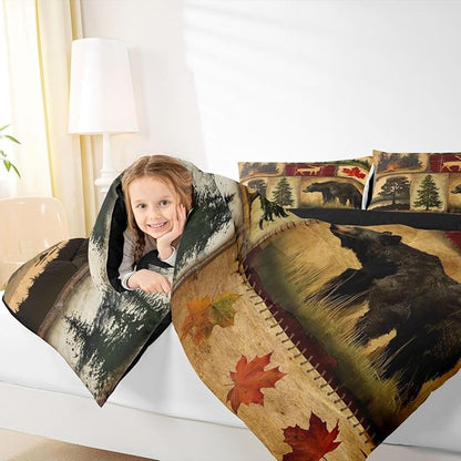 Rustic Farmhouse Bedding Comforter Sets King Size, Retro Cabin Lodge Bedding Sets, Hunting Bear Deer Comforter Set, Country Maple Leaves Duvet Insert, Rustic Woodland Pine Tree Quilt, Red Brown