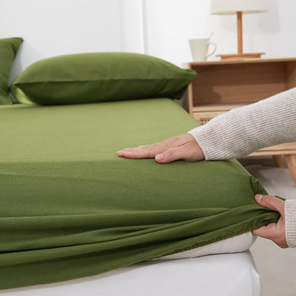 Simple&Opulence Belgian Linen Sheet Set Solid Color - 4 Pieces (1 Flat Sheet, 1 Fitted Sheet & 2 Pillowcases) Natural Flax Cotton Blend Soft Breathable Farmhouse Bedding - Queen Size, Forest