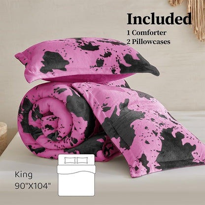 Petrichor Velvet Flannel King Comforter Set-Cow Print Western Style Blanket,Luxury Fuzzy Heavy Bedding Set, 3 Pieces Plush Winter Bed Set with Comforter (90"x104") & 2 Pillow Shams (20"x36"