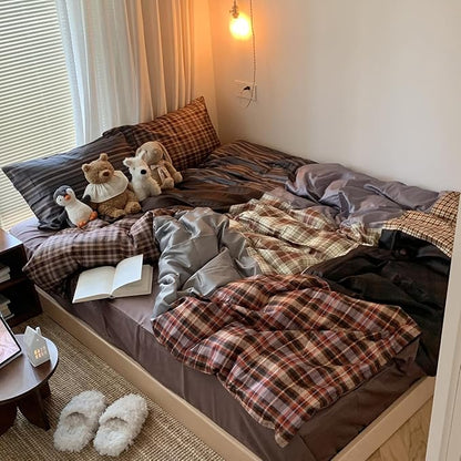 Nayoroom Plaid Comforter Set Queen Size Vintage Brown Patchwork Checkered Comforter 3 Pieces Soft Lightweight Farmhouse Dorm Bedding Set for All Seasons