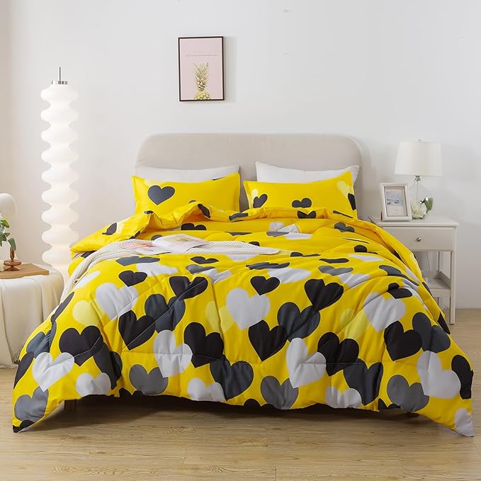 Caressma Farmhouse Yellow King Size Comforter Set 3 Pieces Bedding Set with Black Heart All Season Fluffy Soft Lightweight(1 Comforter & 2 Pillowshams)