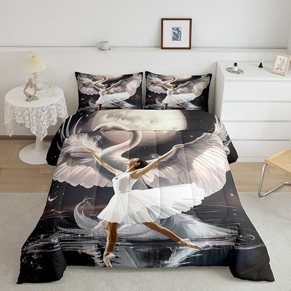 Manfei Ballet Girl Dancer Full Bedding Set for Adults,Elegant White Swan Dancing Comforter Set Bed Set KidsBedroom Decor,Dreamy Moon Night 3 Pieces Quilt Set,Ballet Lover Duvet Insert,2 Pillow Cases