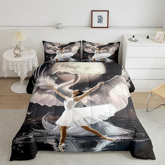 Manfei Ballet Girl Dancer Full Bedding Set for Adults,Elegant White Swan Dancing Comforter Set Bed Set KidsBedroom Decor,Dreamy Moon Night 3 Pieces Quilt Set,Ballet Lover Duvet Insert,2 Pillow Cases