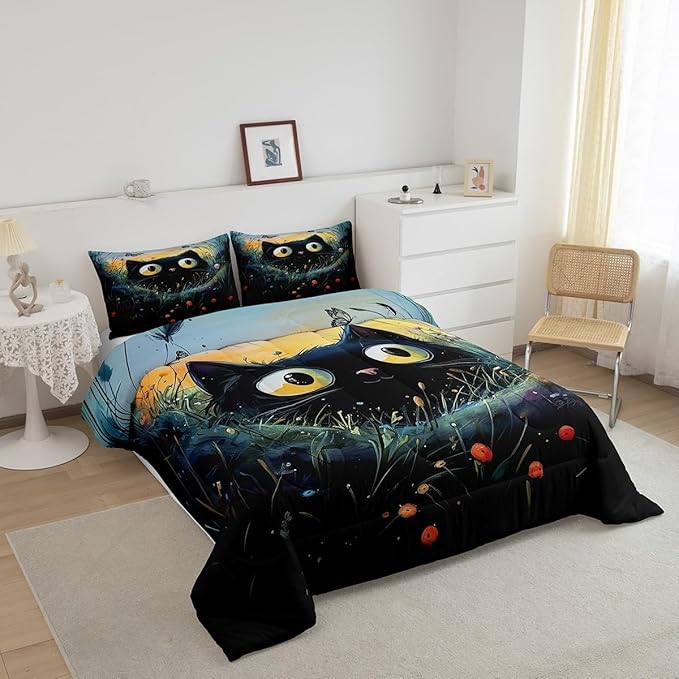 Manfei Kawaii Cat Queen Bedding Set,Cartoon Black Cat Comforter Set Reversible Bed Set for Bedroom Decor,Watercolor Flowers Leaves 3 Pieces Quilt Set,Natural Animal Plants Duvet Insert,2 Pillow Cases