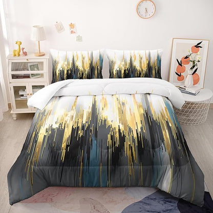 Black White Gold Gradient Color Print Comforter Set Twin Size,Abstract Art Bedding Set,Patchwork Printed Quilted Set for Teens Adult,with 1 Comforter and 2 Pillow Case