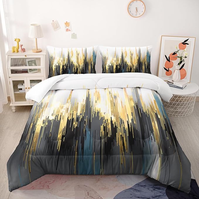 Black White Gold Gradient Color Print Comforter Set Queen Size,Abstract Art Bedding Set,Patchwork Printed Quilted Set for Teens Adult,with 1 Comforter and 2 Pillow Case