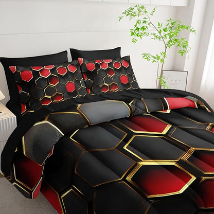 7 Piece Red and Black Comforter Set Queen Checkered，Queen Size Checkered Bedding Set，(1 Comforter, 1 Flat Sheet, 1 Fitted Sheet, 2 Pillowcase and 2 Pillow Sham)