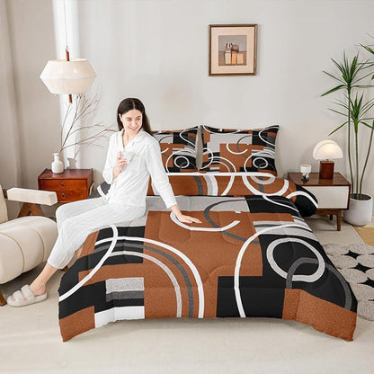 Geometric Swirls Comforter Set Brown Gray Black Duvet Insert Circles Rings Square Bedding Sets Striped Lines Down Comforter Modern Minimalist Quilted Duvet Chic Graphic Artwork Comforter, Full Size
