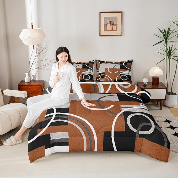 Geometric Swirls Comforter Set Brown Gray Black Duvet Insert Circles Rings Square Bedding Sets Striped Lines Down Comforter Modern Minimalist Quilted Duvet Chic Graphic Artwork Comforter, Twin Size