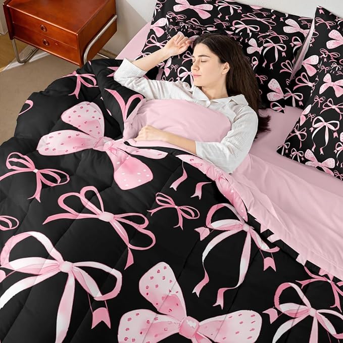 Feelyou Black Pink Bow King Comforter Set with Sheets for Kids Boys Girls Cute Bowknot 7 Pieces Bedding Set Kawaii Bed in a Bag Pricess Style Room Decor Soft Lightweight Microfiber