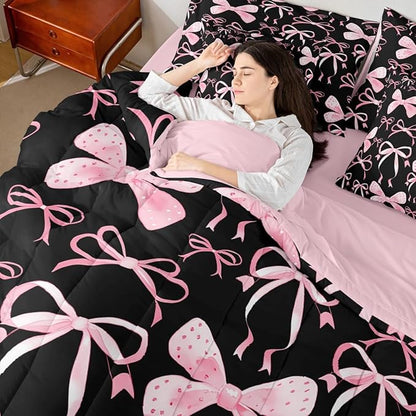 Feelyou Black Pink Bow Twin Comforter Set with Sheets for Kids Boys Girls Cute Bowknot 7 Pieces Bedding Set Kawaii Bed in a Bag Pricess Style Room Decor Soft Lightweight Microfiber
