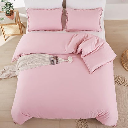YIRDDEO Twin Comforter Set - Comforter Twin Size Bed with Ball Pom Fringe, Soft Bedding Set for All Seasons - 2 Pieces, 1 Comforter (66"x90") & 1 Pillow Sham(20"x26"), Dust Pink