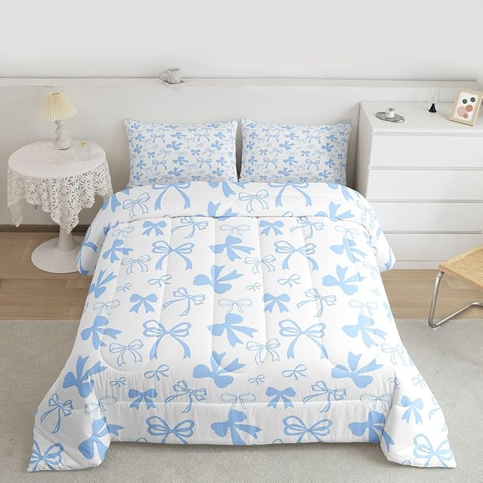 Erosebridal Cute Blue Bow Bedding Set King Size,Dreamy Princess Style Bowknot Comforter Set for Girls Kids Teen,Cute Kawaii Bow Bedding Comforter Sets Girly Coquette Blue Butterfly Knot Quilt
