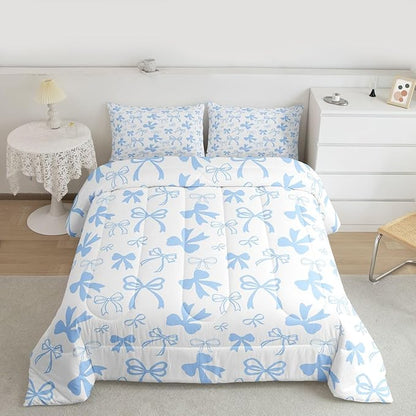 Erosebridal Cute Blue Bow Bedding Set King Size,Dreamy Princess Style Bowknot Comforter Set for Girls Kids Teen,Cute Kawaii Bow Bedding Comforter Sets Girly Coquette Blue Butterfly Knot Quilt