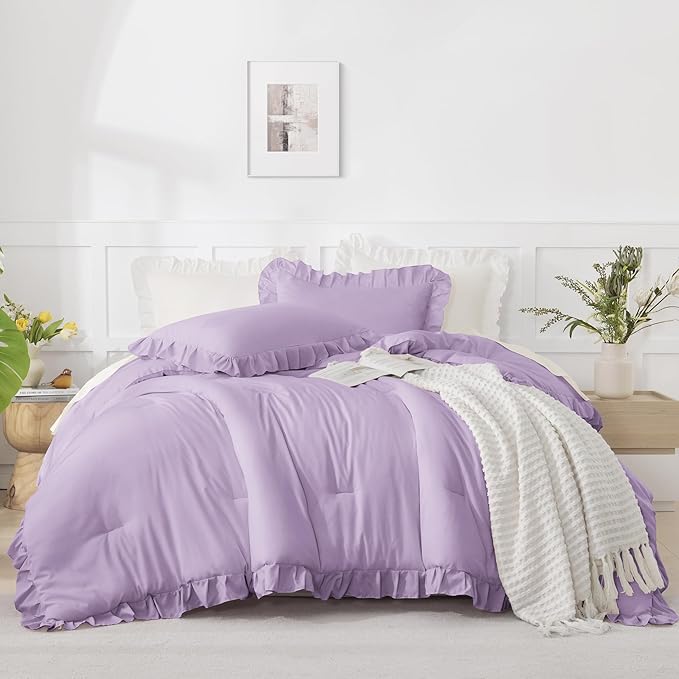 Andency Lavender Ruffle Comforter Queen(90x90Inch) - 3 Pieces Farmhouse Shabby Chic Vintage Rustic Soft Microfiber Bedding Set (1 Ruffled Comforter and 2 Pillowcases)