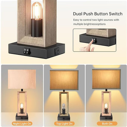 Farmhouse Wood Table Lamps for Living Room, 3 Color Temperature Adjustable & USB-A/C Charging Ports Nightstand Lamps, 4 LED Bulbs Included