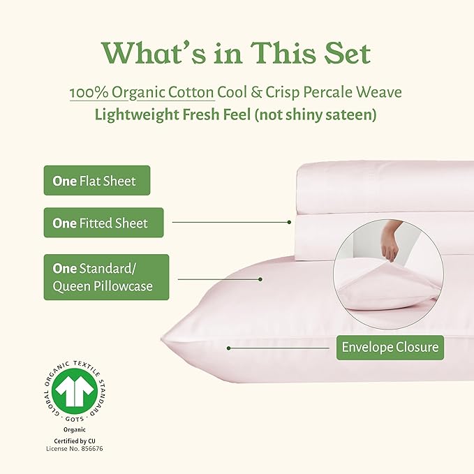 California Design Den Soft 100% Organic Cotton Bed Sheets Twin Size Set with Deep Pockets - Crisp Percale Sheets, Breathable and Durable Bedding Set (Pink - Chalky Tone)