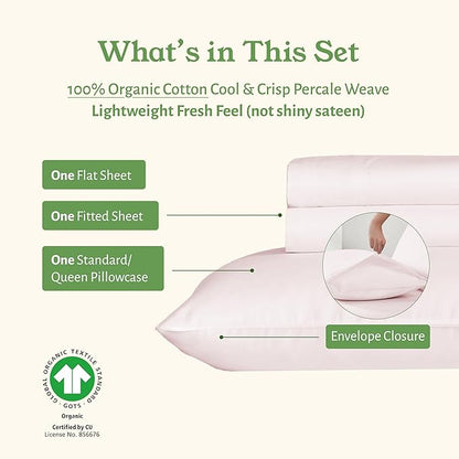 California Design Den Soft 100% Organic Cotton Bed Sheets Twin Size Set with Deep Pockets - Crisp Percale Sheets, Breathable and Durable Bedding Set (Pink - Chalky Tone)