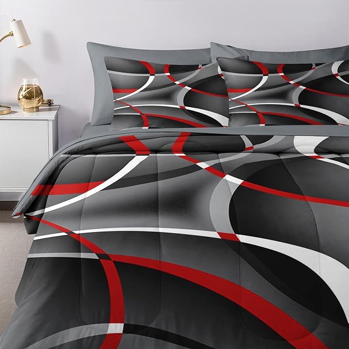 Nesker 5 Pcs Comforter Set Twin Size, Modern Gray Black Red Swirls Bedding Set for Kids and Adults, Stripes Circle Lines Geometric Bed Sheet Sets with Fitted Sheet Pillowcases & Shams