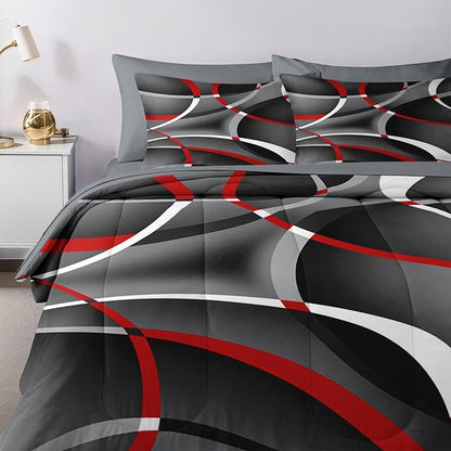 Nesker 7 Pcs Comforter Set Queen Size, Modern Gray Black Red Swirls Bedding Set for Kids and Adults, Stripes Circle Lines Geometric Sheets Bed Sheet Sets with Fitted Sheet 2 Pillowcases & 2 Shams