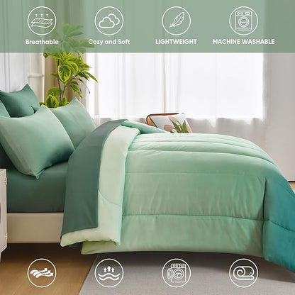 Queen Comforter Set Gradient Green - Bed in a Bag Queen Size 7 Pieces, Luxury Soft Bed Set for All Seasons, Bedding Set with Down Alternative Comforter, Sheets, Pillowcases & Shams
