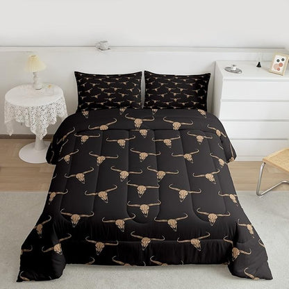 Erosebridal Bull Skull Comforter Set Toddler Ethnic Bohemian Bedding for Men Boys | Tribal Steer Skull Wildlife Aztec Bedroom Decor Farmhouse Cabin Lodge Duvet Insert with 1 Pillow Case,Black Brown