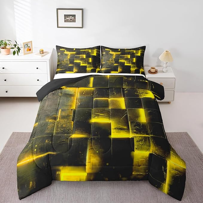 3D Geometric Bedding Set Queen Abstract Aesthetic Queen Comforter, Black and Yellow Duvet Insert Glowing Futuristic Cubes Quilt Comforter Neon Grid Bedding Comforters & Sets 3pcs (Black Reversible)