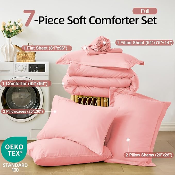 FUANNA Full Size Comforter Sets Pink, 7 Pieces Soft Bed in a Bag Full, All Season Lightweight Bed Sets with Comforter, Flat Sheet, Fitted Sheet, Pillowcases & Shams