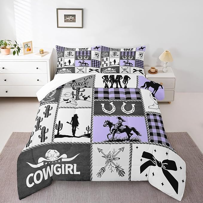 Western Cowgirl Bow Comforter Set Full Size,Cactus Horseshoes Cowgirl Boot Bedding Set,Girls Women Room Decor,Cow Skull Geometric Plaids Patchwork Down Comforter,Rustic Duvet Insert,2 Pillowcases