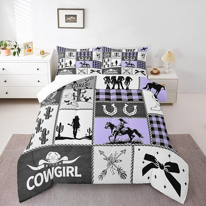 Western Cowgirl Bow Comforter Set King Size,Cactus Horseshoes Cowgirl Boot Bedding Set,Girls Women Room Decor,Cow Skull Geometric Plaids Patchwork Down Comforter,Rustic Duvet Insert,2 Pillowcases