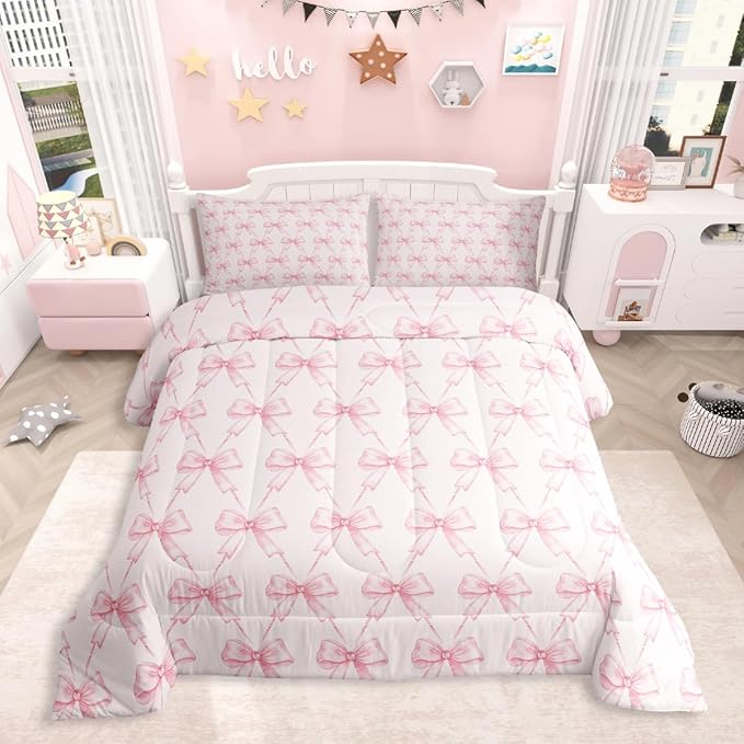 Feelyou Bow Comforter Set King Size Pink Girls Bow Bedding Set Boys Girls Cute Bowknot Comforter for Kids Women Men Kawaii Duvet Set Bow and Stripes Quilt Set 3Pcs