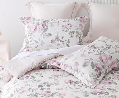 SLEEPBELLA Comforter King Size, 600 Thread Count Cotton White Print with Purple Flowers Reversible Comforter Sets, Down Alternative Bedding Set 3Pcs(King, Purple Floral)
