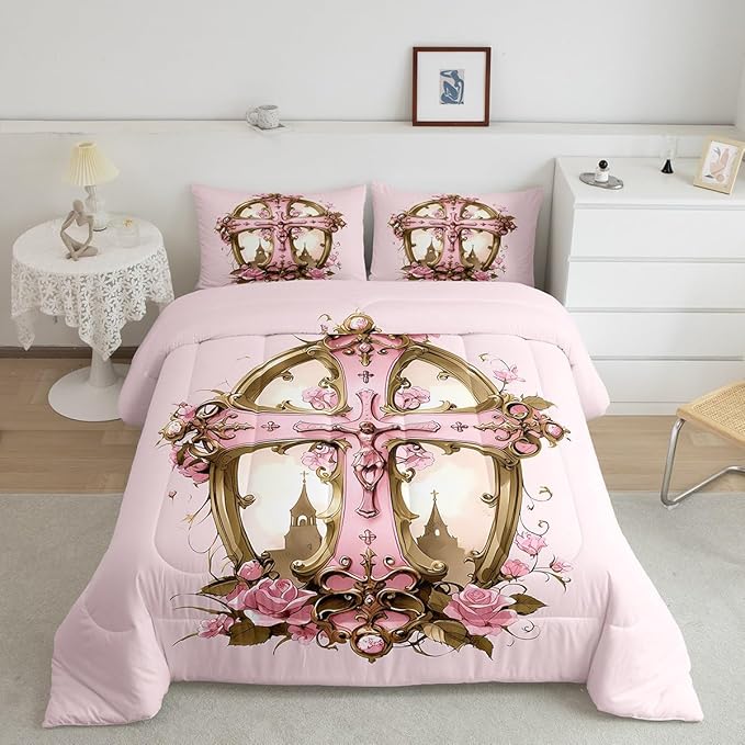 Erosebridal The Cross Theme Comforter Set, Patriotic Style Bedding Set Full Size for Kids Girls Women Bedroom Decor, Rose Flower Down Comforter Romantic Floral Quilt for All Season, Pink