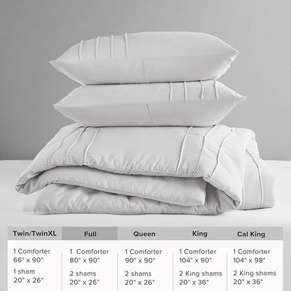 Comfort Spaces Silver Full Size Comforter Set - 3 Pieces Pintuck Pleated Bedding Sets, All Season Lightweight, Extra Softness Pre-Washed Microfiber Full Bed Set, Shams, Full