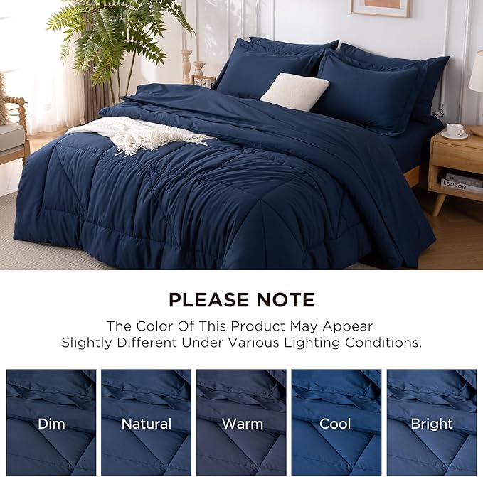 7 Pieces Full Comforter Set - Utral Soft Microfiber Bedding Set, Thick Duvet Insert Bed in a Bag Without Rustling Noise for All Season, Navy (82"x86")