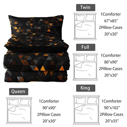 Geometric Yellow Black Comforter Set,Triangle Honeycomb 3 PCS Bedding Set King Size for Teen Adult,Modern Quilt Set Geometry Decor,Microfiber Lightweight 1 Comforter 2 Pillowcases