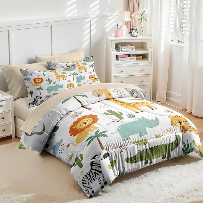 Nesker 7 Pcs Comforter Set Full Size, Cute Wild Animals Colorful Bedding Set for Kids and Adults, Lion Elephant Giraffe Cartoon Bed Sheet Sets with Fitted Sheet 2 Pillowcases & 2 Shams