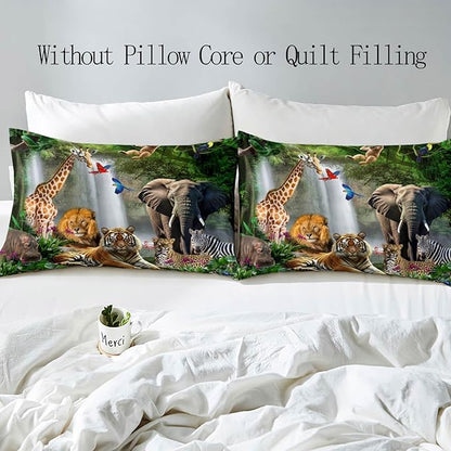 LUVIVIHOME 3PCS Safari Animal Duvet Cover King Bedding Set, Leopard Lion Tiger Elephant Giraffe Zebra Hippo Monkey Nature Forest Waterfall African Zoo Jungle Animal Comforter Cover, 2 Pillow Cases